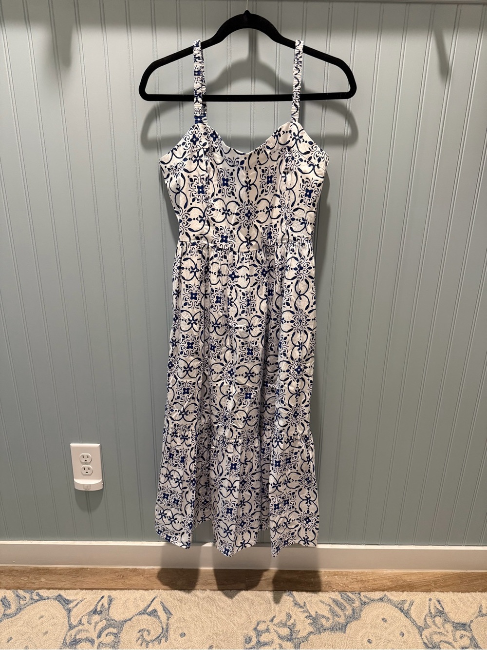 J. Crew Blue and White Tile-Print Maxi Dress